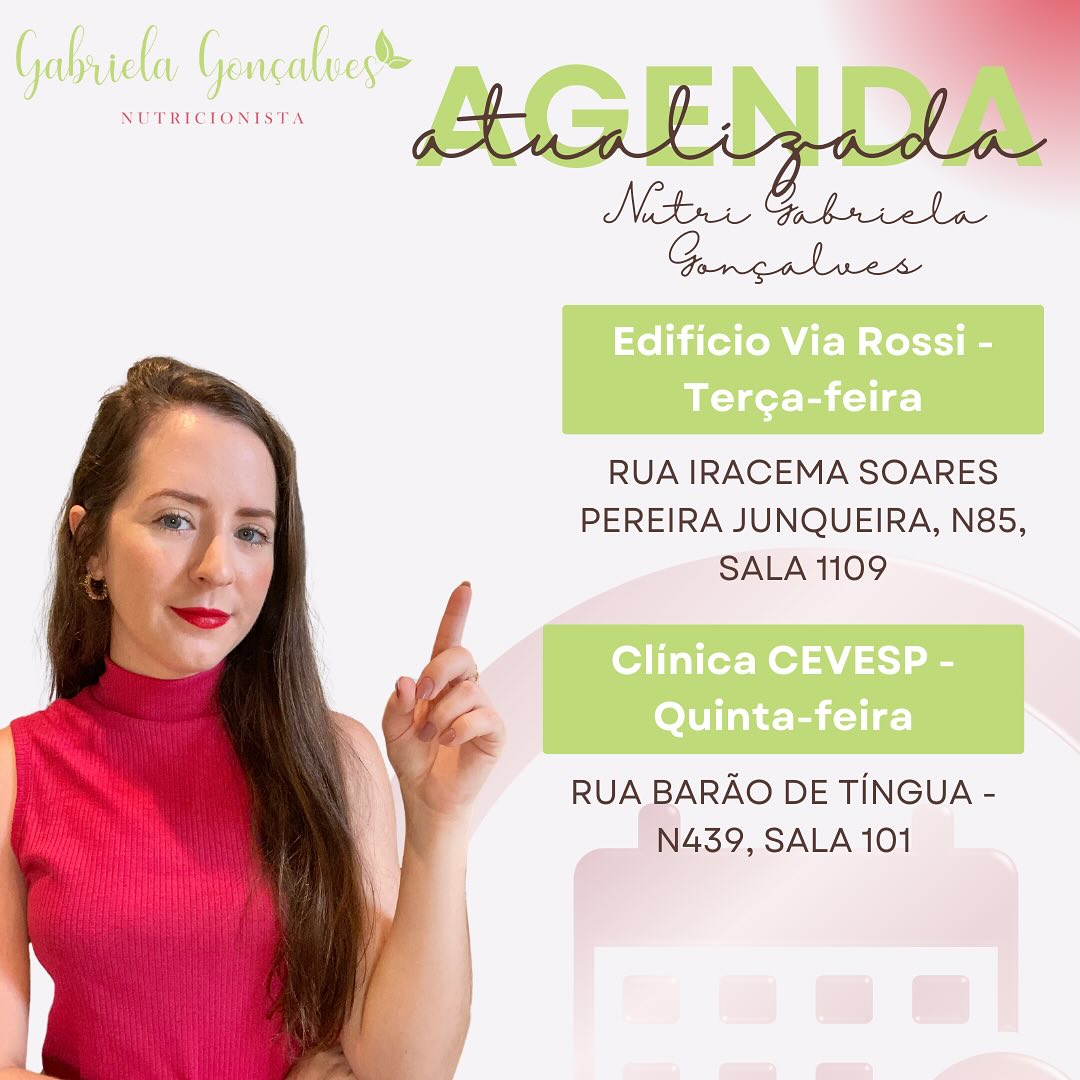 Agenda atualizada!
Atendimentos presenciais terça e quinta feira. Para saber mais informações entre em contato através do direct ou link na Bio!

Nutricionista Gabriela Gonçalves - Nutrição Funcional na Saúde da Mulher 🍎🧬 
#nutricionista #nutricionistaemnovaiguacu #saudedamulher